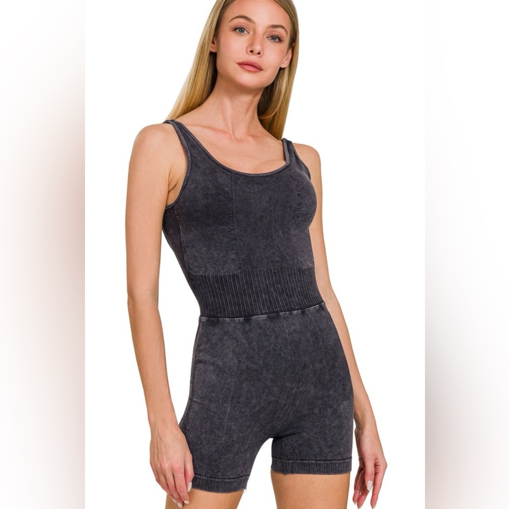 Zenana Washed Sports Romper With Removable Bra Pad